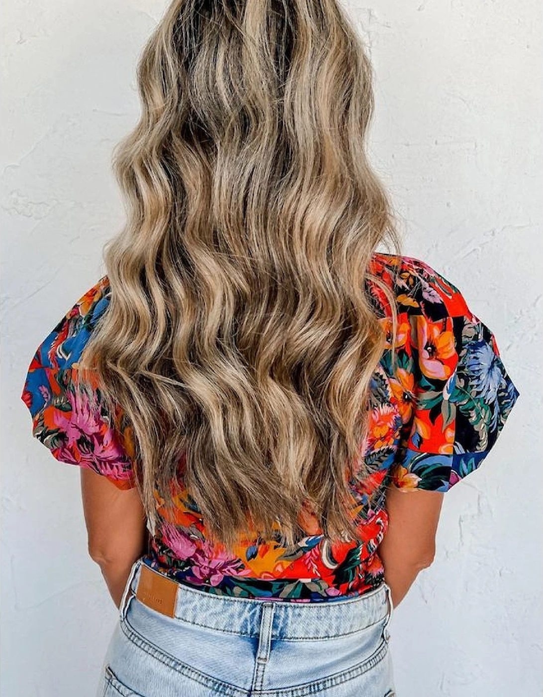 Orange Floral Print Puff Sleeve Ruched V Neck Blouse