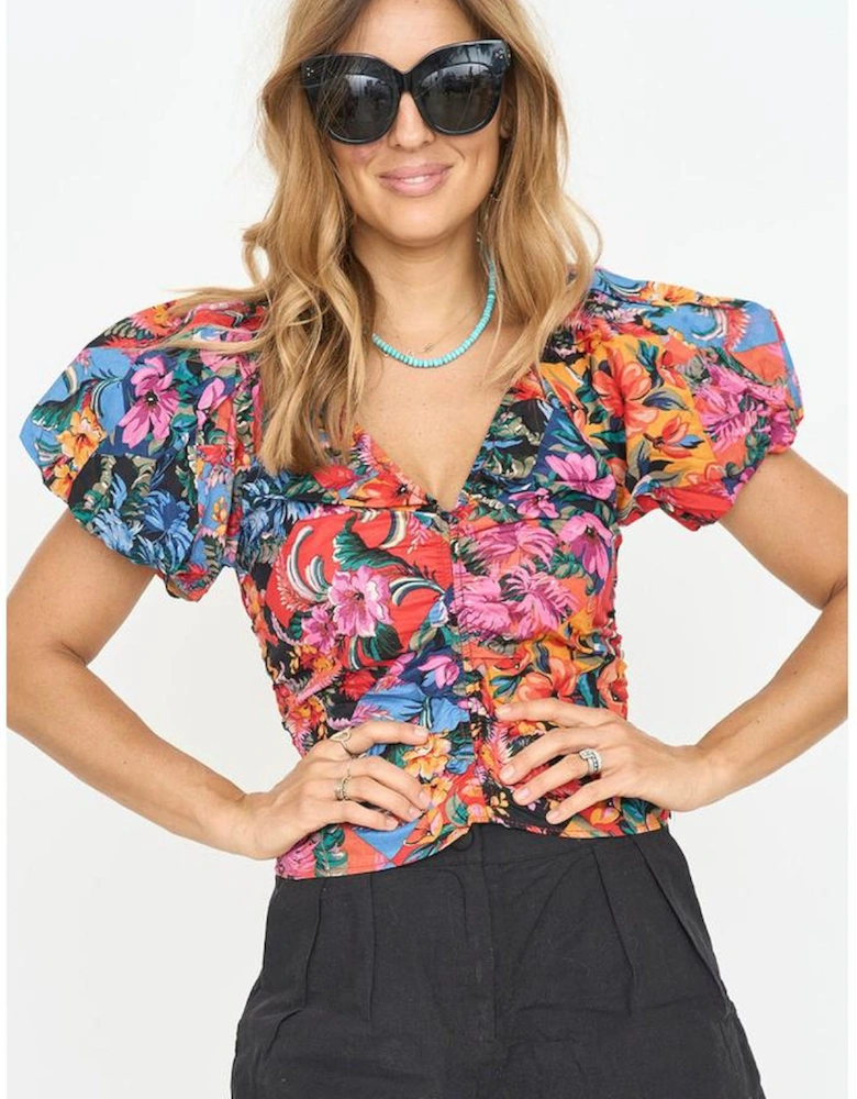 Orange Floral Print Puff Sleeve Ruched V Neck Blouse