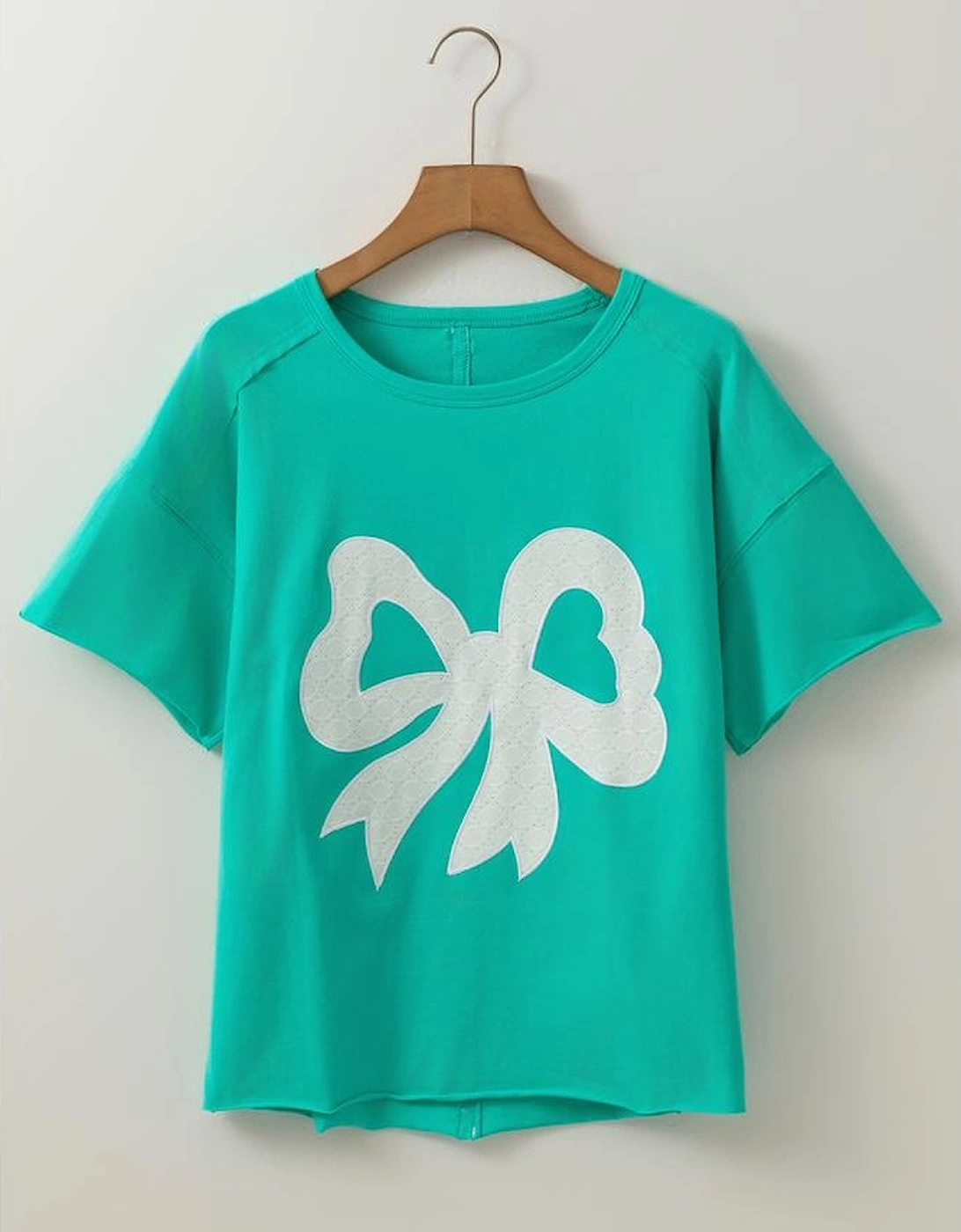Sea Green Lace Bow Raw Edge Drop Shoulder Casual T Shirt