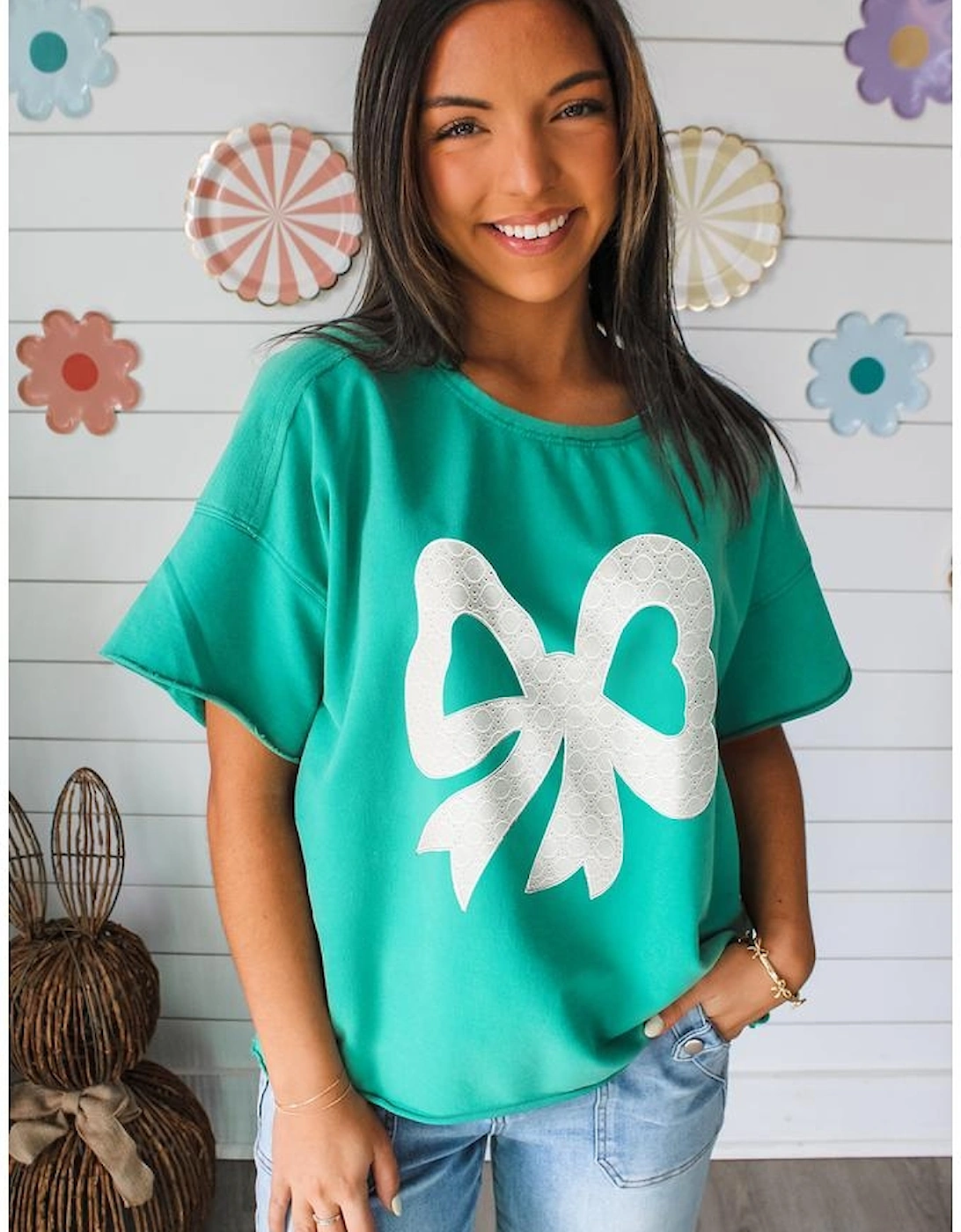 Sea Green Lace Bow Raw Edge Drop Shoulder Casual T Shirt