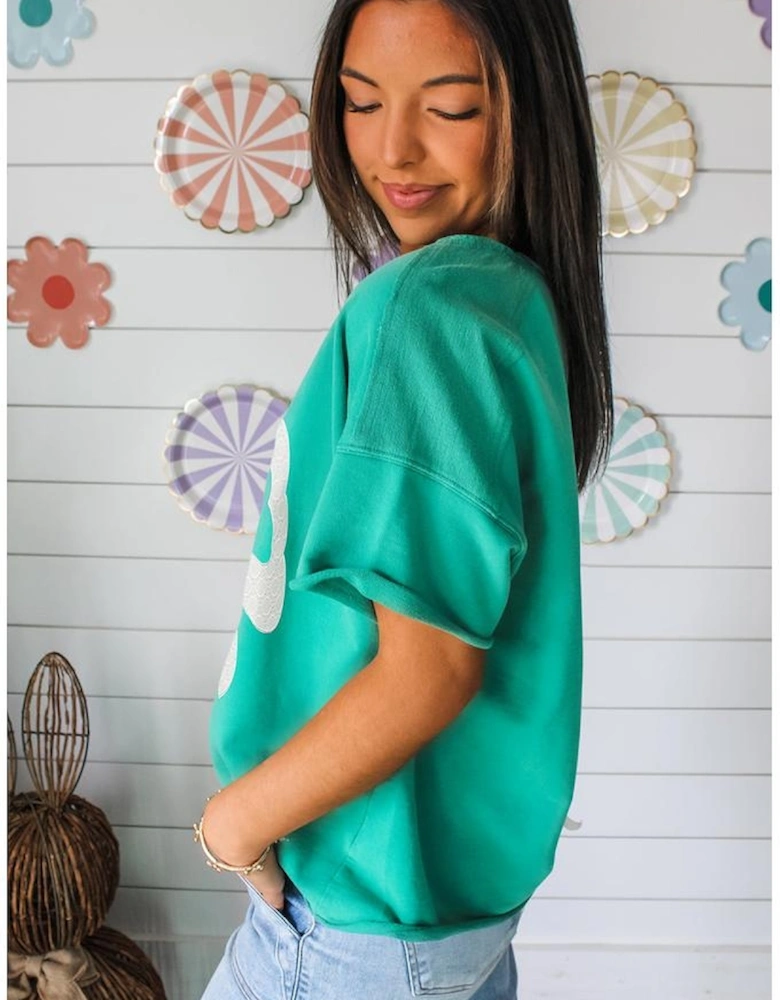 Sea Green Lace Bow Raw Edge Drop Shoulder Casual T Shirt