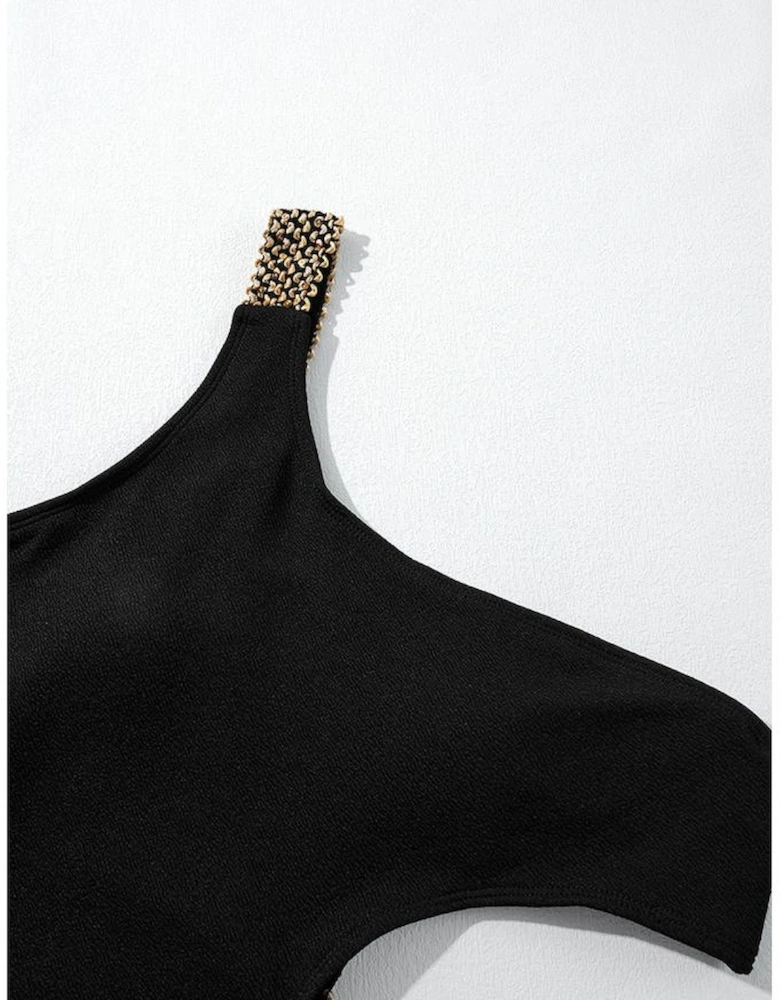 Black Textured Stitch One Shoulder Cutout One Piece Swimsuit