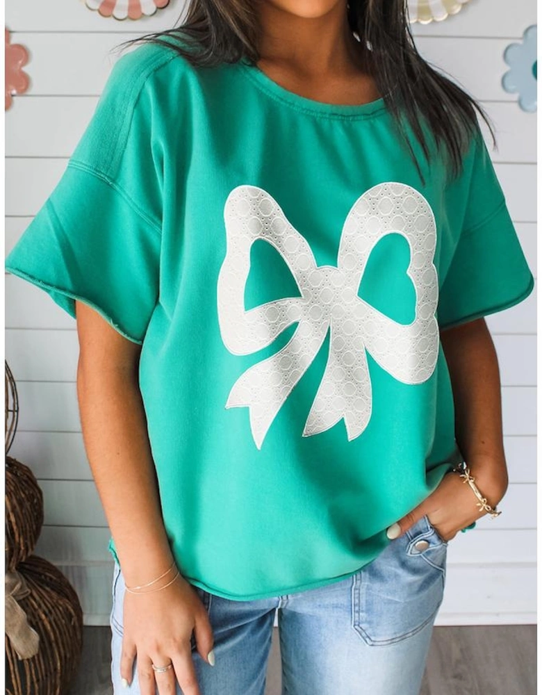 Sea Green Lace Bow Raw Edge Drop Shoulder Casual T Shirt
