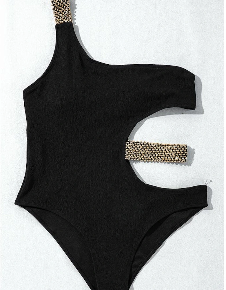 Black Textured Stitch One Shoulder Cutout One Piece Swimsuit