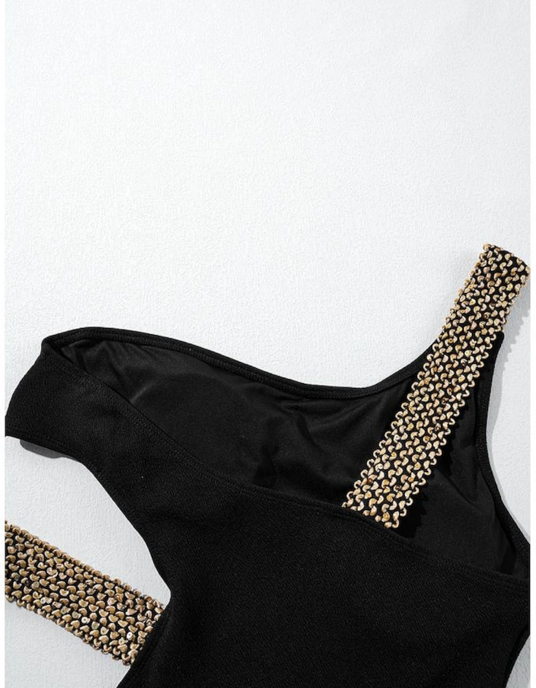 Black Textured Stitch One Shoulder Cutout One Piece Swimsuit