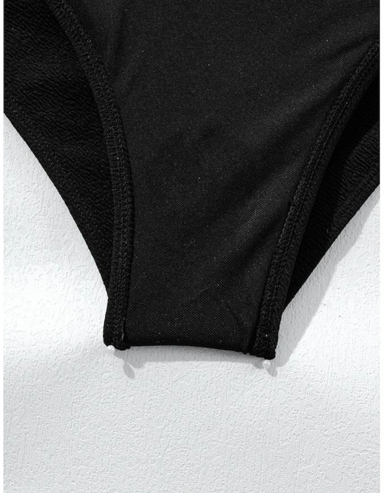 Black Textured Stitch One Shoulder Cutout One Piece Swimsuit