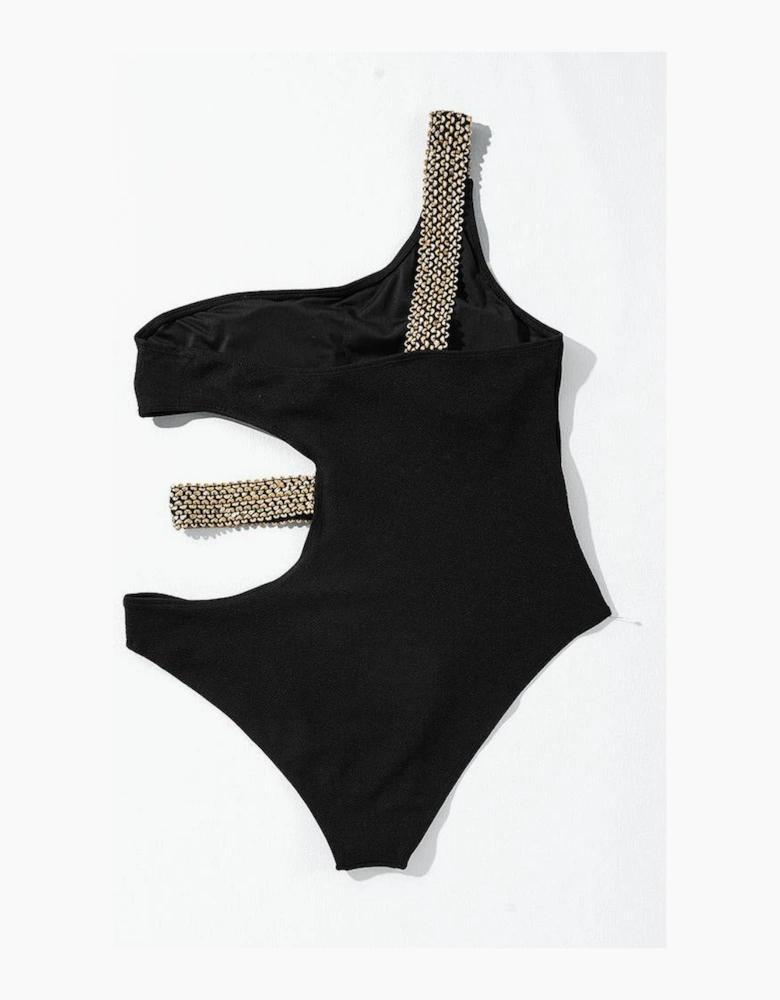 Black Textured Stitch One Shoulder Cutout One Piece Swimsuit