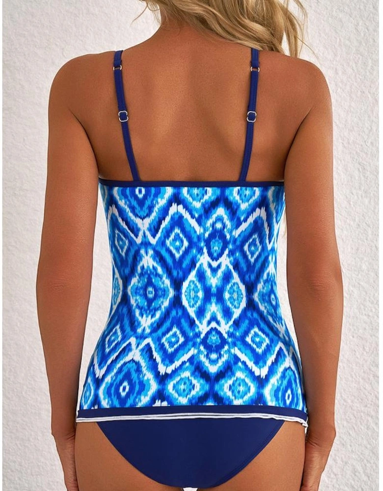 Navy Blue Abstract Print Frilled Trim Spaghetti Straps Tankini Set