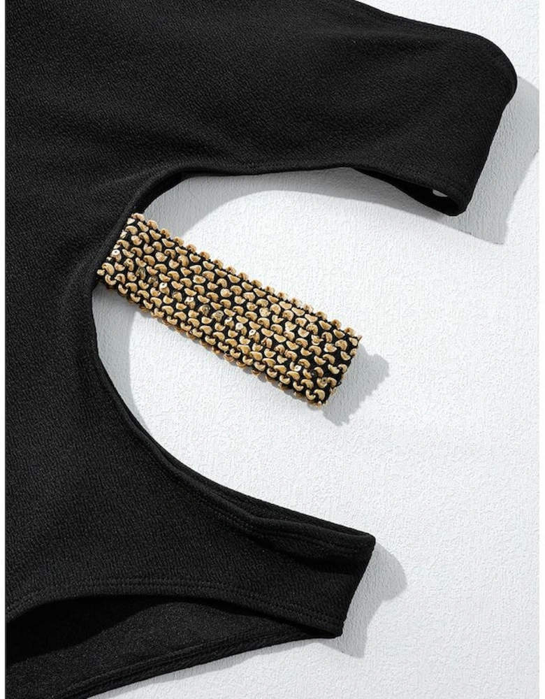 Black Textured Stitch One Shoulder Cutout One Piece Swimsuit