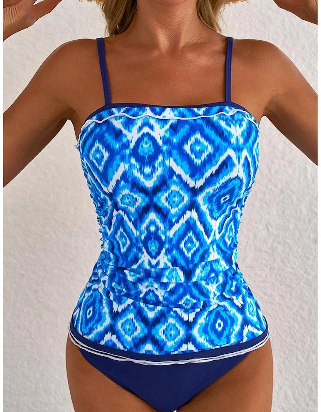 Navy Blue Abstract Print Frilled Trim Spaghetti Straps Tankini Set