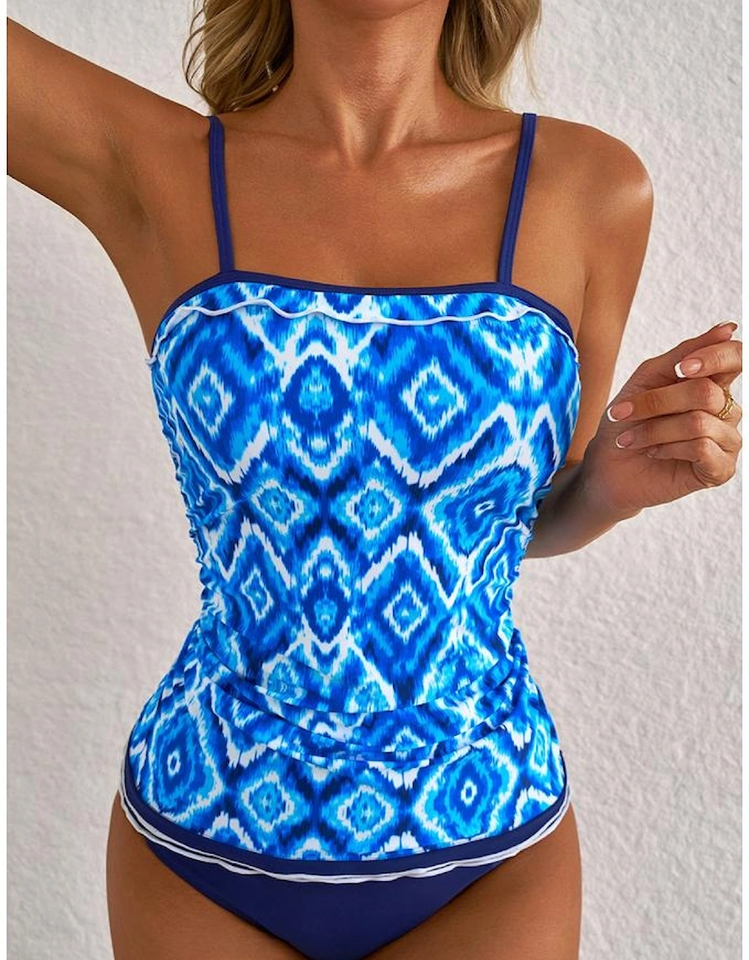 Navy Blue Abstract Print Frilled Trim Spaghetti Straps Tankini Set