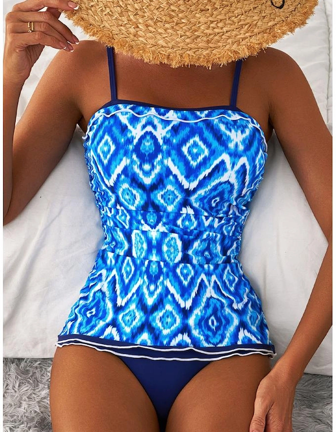 Navy Blue Abstract Print Frilled Trim Spaghetti Straps Tankini Set