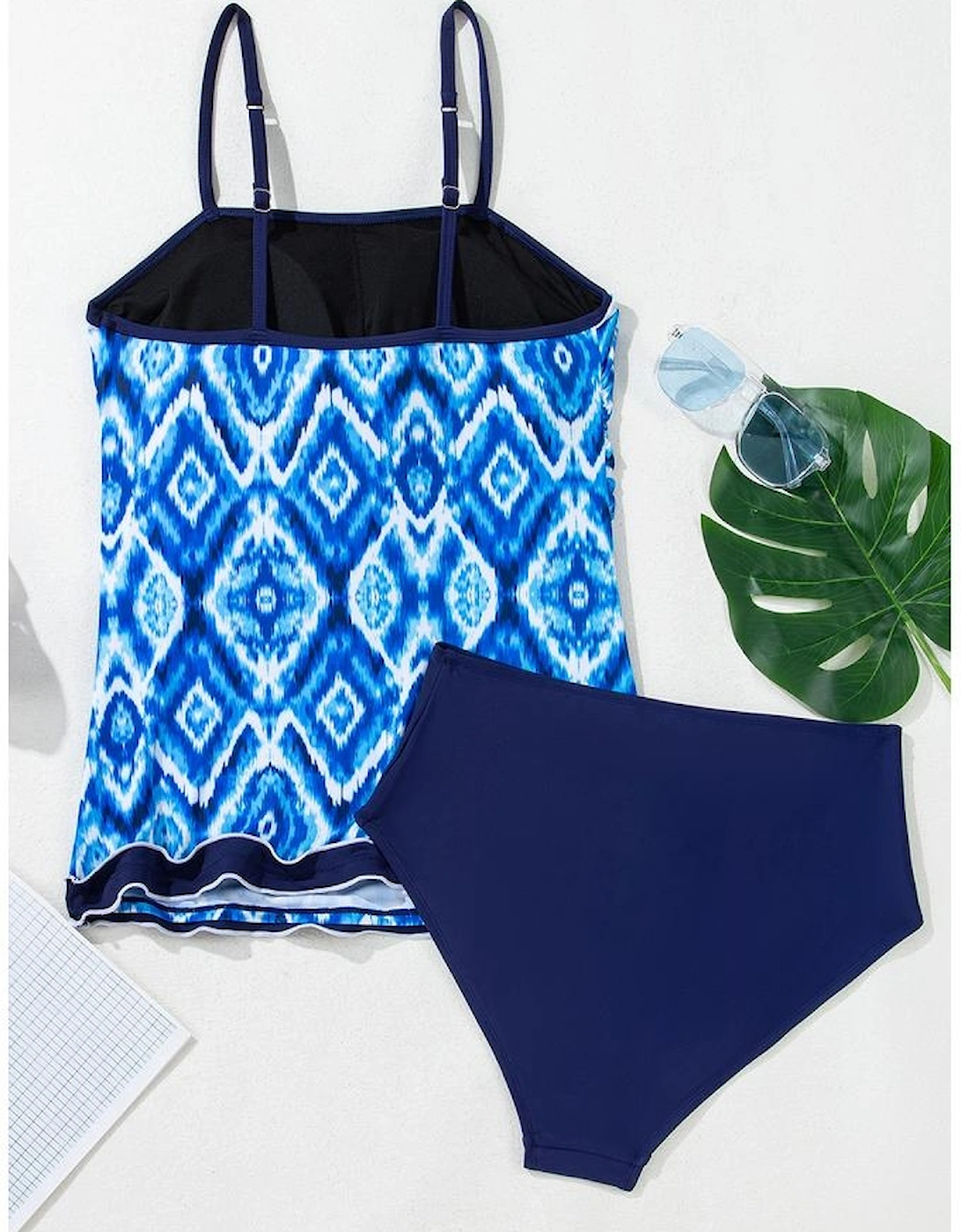 Navy Blue Abstract Print Frilled Trim Spaghetti Straps Tankini Set