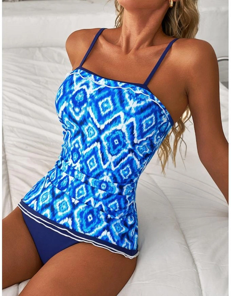 Navy Blue Abstract Print Frilled Trim Spaghetti Straps Tankini Set