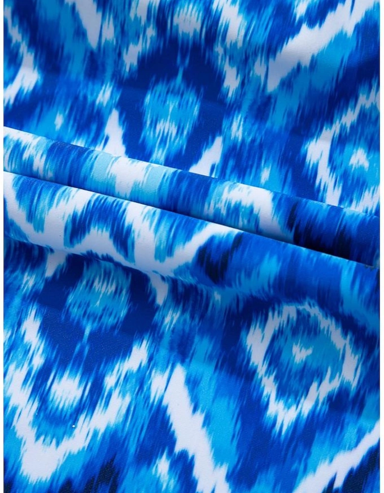 Navy Blue Abstract Print Frilled Trim Spaghetti Straps Tankini Set