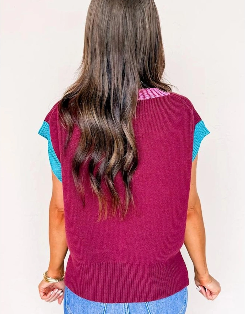 Burgundy Contrast Trim V Neck Cuffed Short Sleeve Loose Sweater