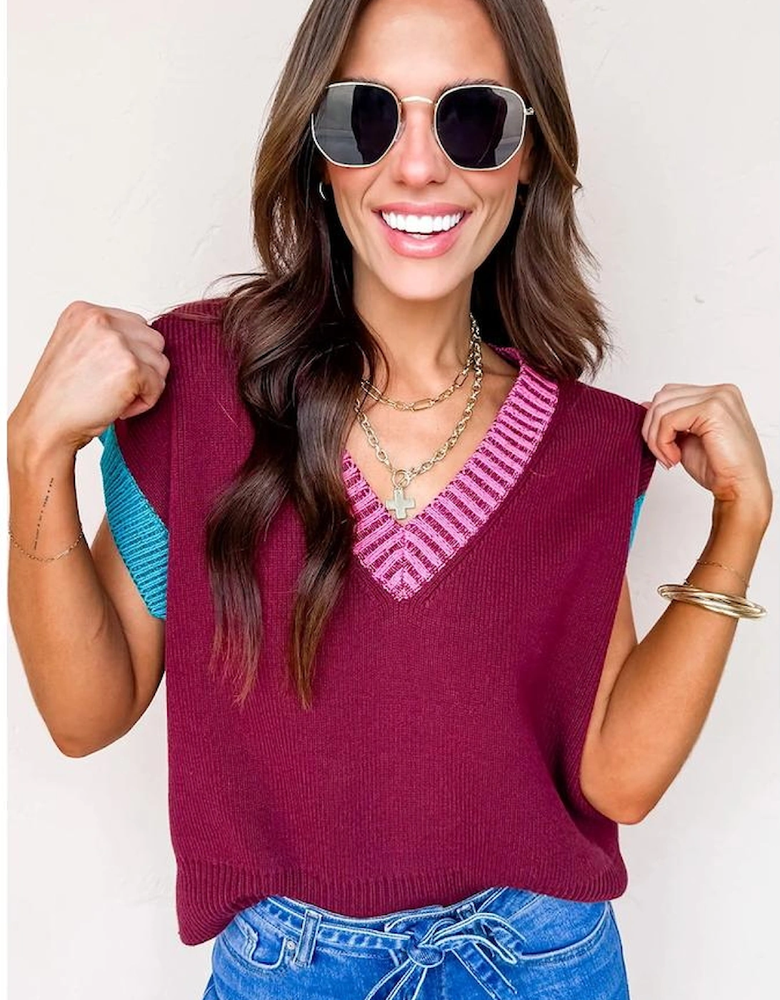 Burgundy Contrast Trim V Neck Cuffed Short Sleeve Loose Sweater
