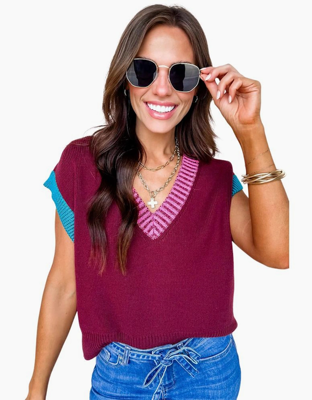 Burgundy Contrast Trim V Neck Cuffed Short Sleeve Loose Sweater