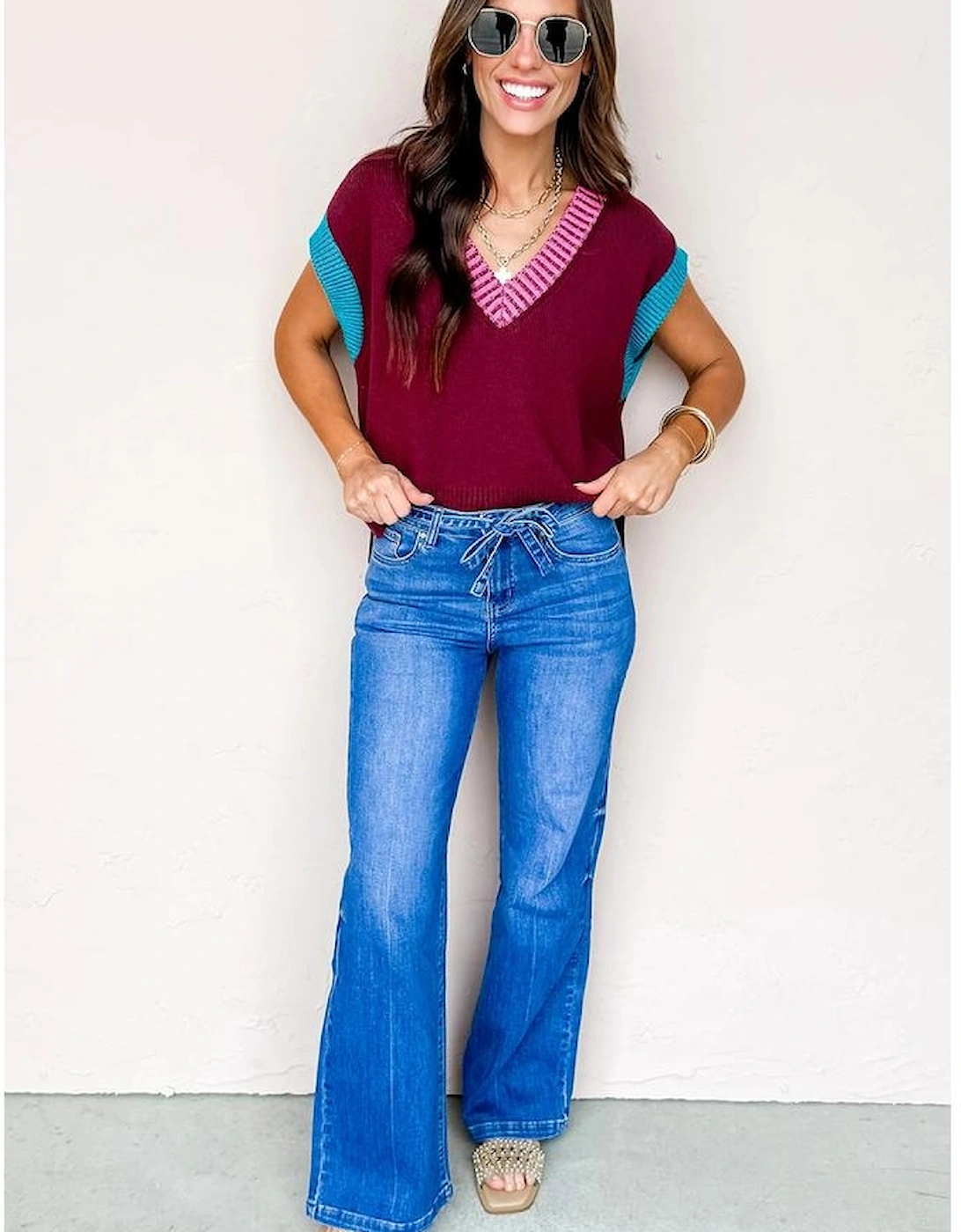 Burgundy Contrast Trim V Neck Cuffed Short Sleeve Loose Sweater