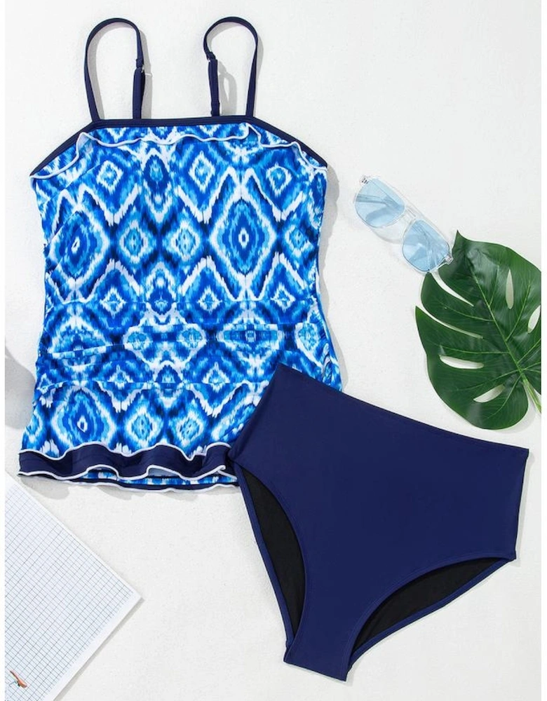 Navy Blue Abstract Print Frilled Trim Spaghetti Straps Tankini Set