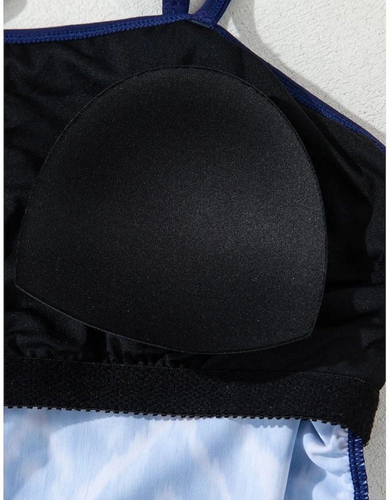 Navy Blue Abstract Print Frilled Trim Spaghetti Straps Tankini Set