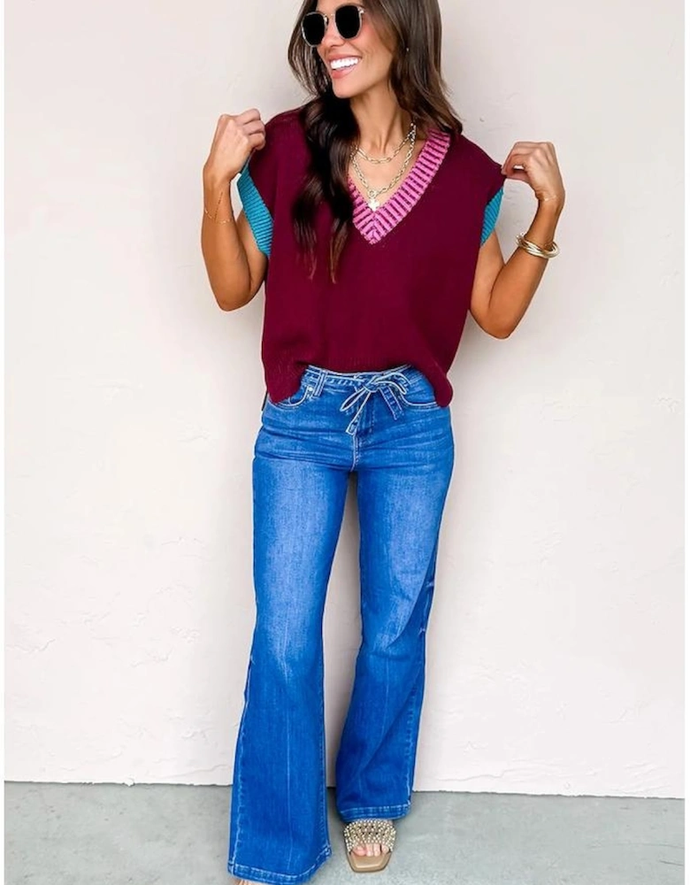 Burgundy Contrast Trim V Neck Cuffed Short Sleeve Loose Sweater