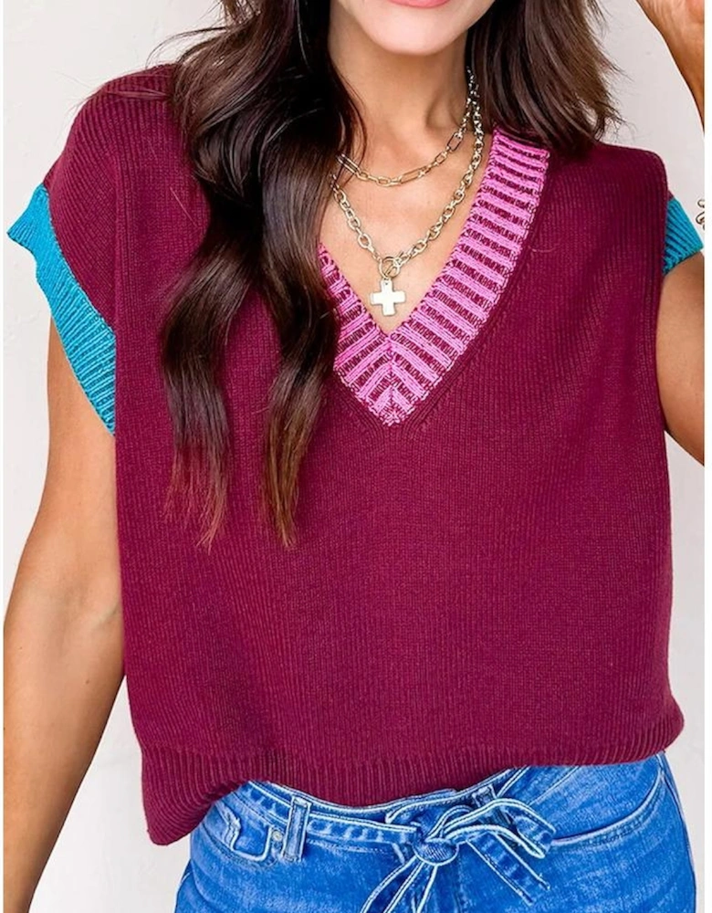 Burgundy Contrast Trim V Neck Cuffed Short Sleeve Loose Sweater