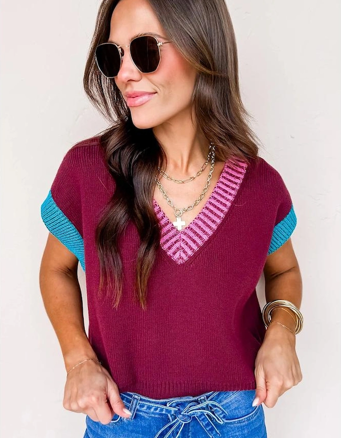 Burgundy Contrast Trim V Neck Cuffed Short Sleeve Loose Sweater
