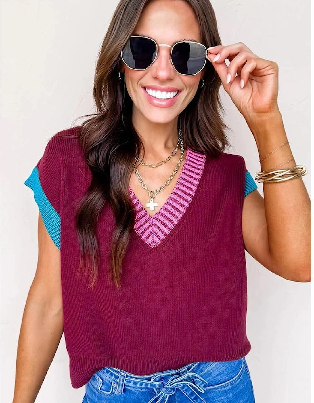 Burgundy Contrast Trim V Neck Cuffed Short Sleeve Loose Sweater