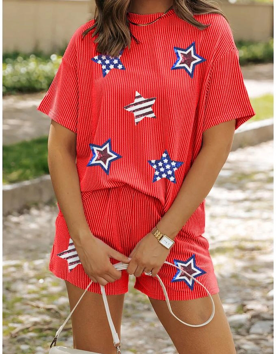 Orange Sequin USA Flag Star Graphic Corded T Shirt and Shorts Set