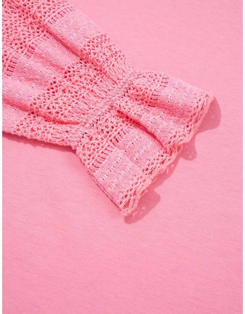 Sachet Pink Drop Shoulder Lace Ruffled Sleeve Patchwork Loose Sweatshirt