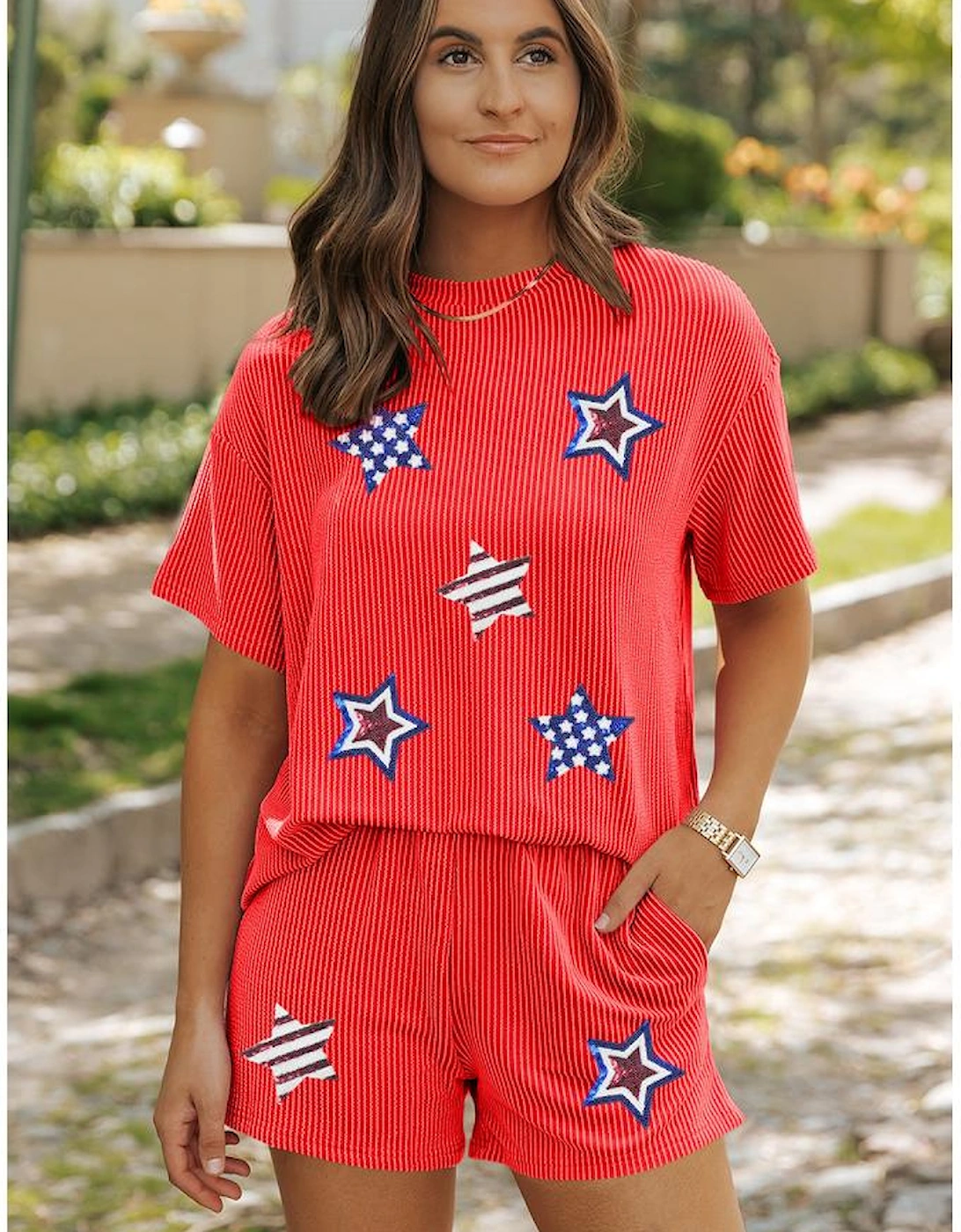 Orange Sequin USA Flag Star Graphic Corded T Shirt and Shorts Set
