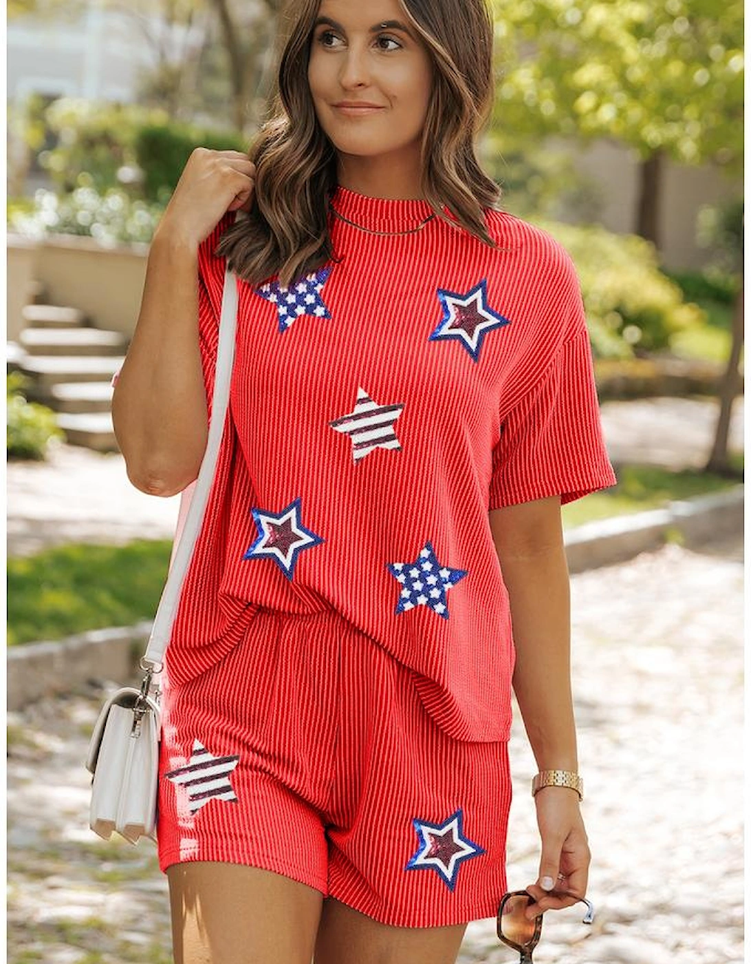 Orange Sequin USA Flag Star Graphic Corded T Shirt and Shorts Set