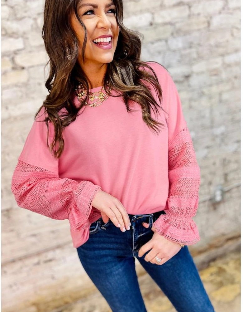 Sachet Pink Drop Shoulder Lace Ruffled Sleeve Patchwork Loose Sweatshirt