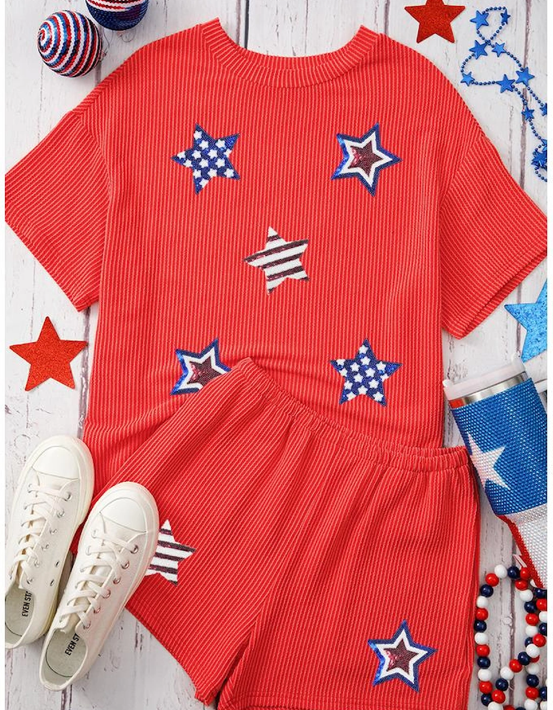 Orange Sequin USA Flag Star Graphic Corded T Shirt and Shorts Set, 7 of 6