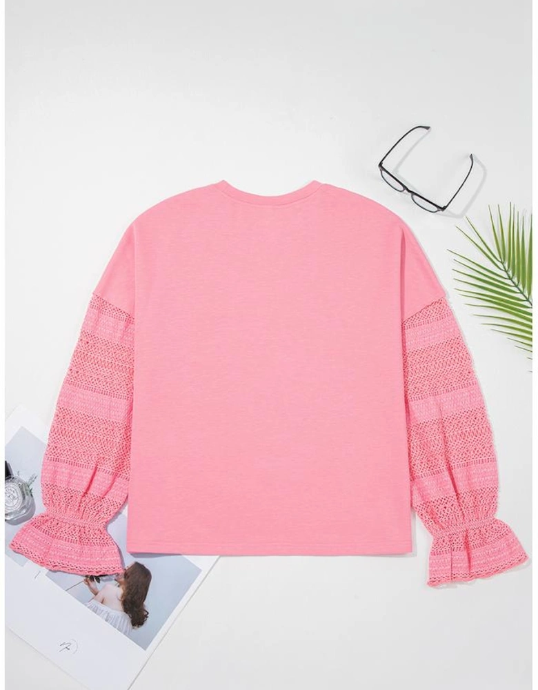 Sachet Pink Drop Shoulder Lace Ruffled Sleeve Patchwork Loose Sweatshirt