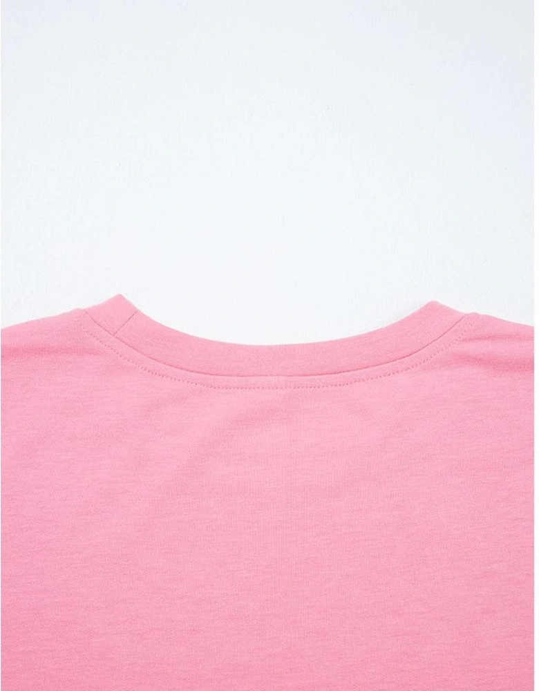 Sachet Pink Drop Shoulder Lace Ruffled Sleeve Patchwork Loose Sweatshirt