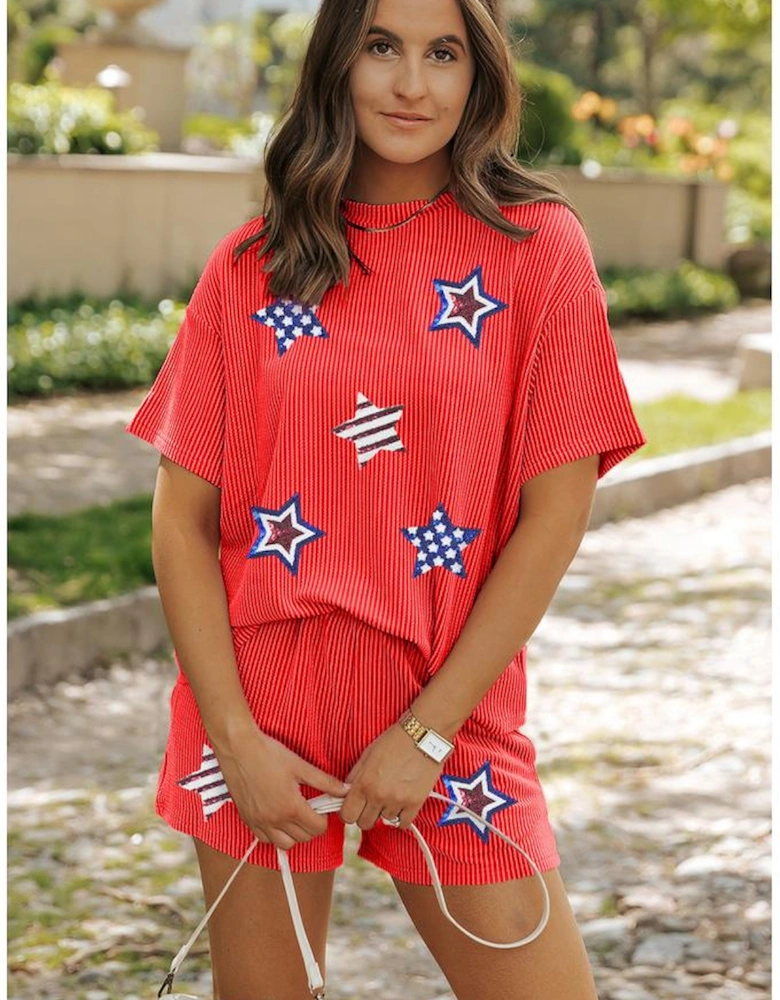 Orange Sequin USA Flag Star Graphic Corded T Shirt and Shorts Set