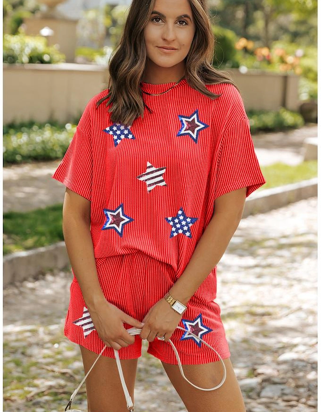 Orange Sequin USA Flag Star Graphic Corded T Shirt and Shorts Set