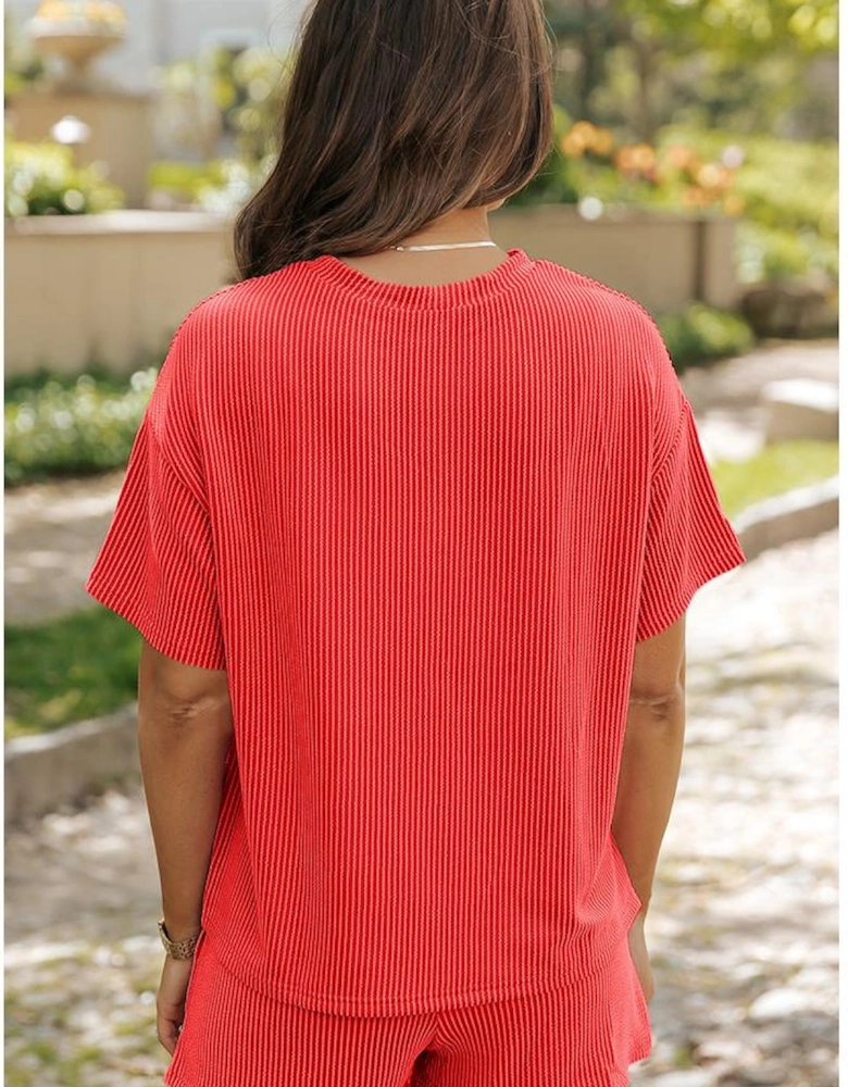 Orange Sequin USA Flag Star Graphic Corded T Shirt and Shorts Set