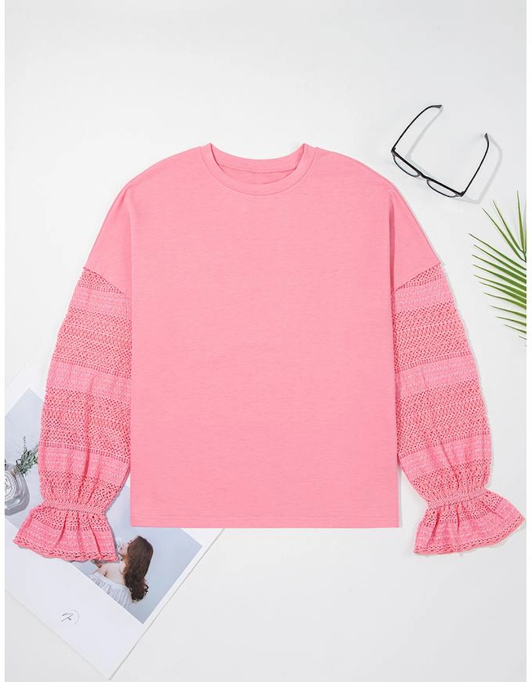 Sachet Pink Drop Shoulder Lace Ruffled Sleeve Patchwork Loose Sweatshirt