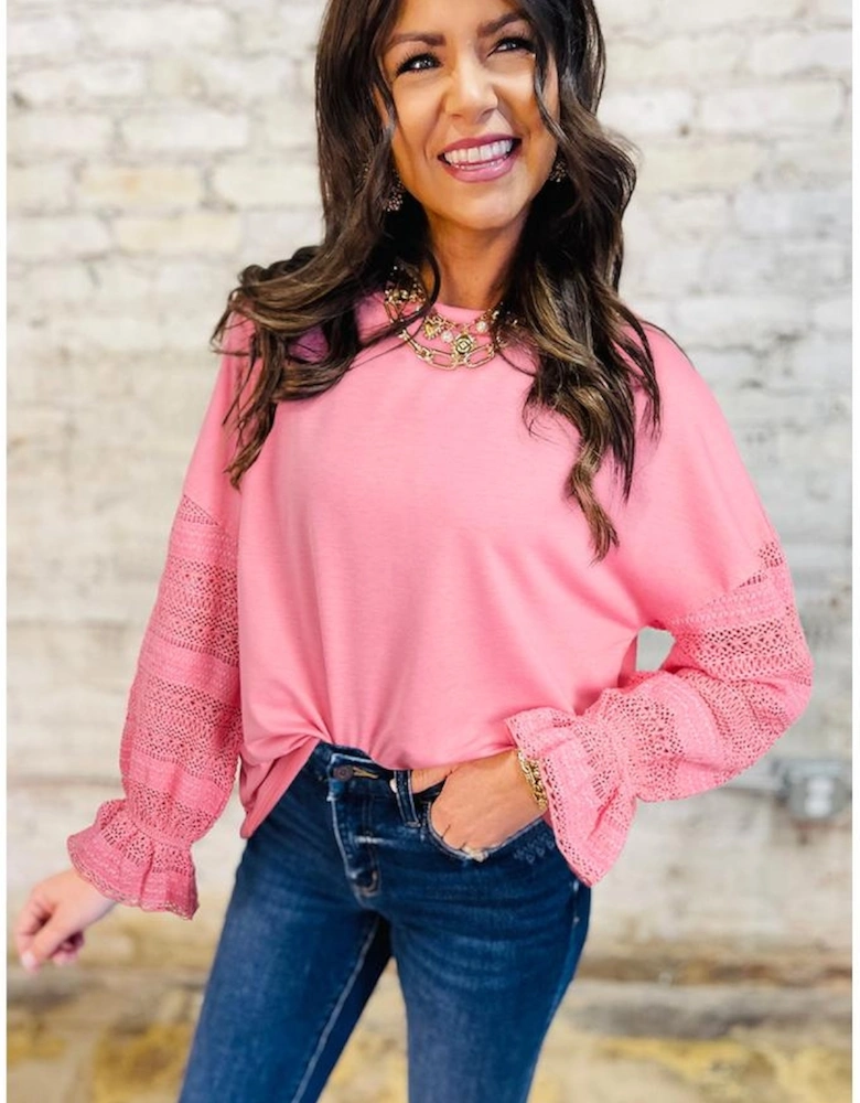Sachet Pink Drop Shoulder Lace Ruffled Sleeve Patchwork Loose Sweatshirt