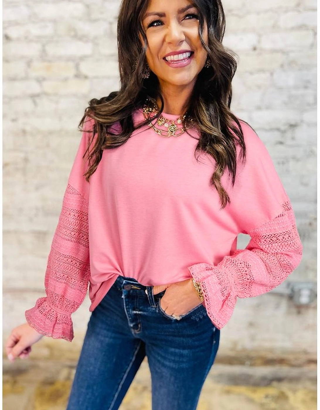 Sachet Pink Drop Shoulder Lace Ruffled Sleeve Patchwork Loose Sweatshirt, 11 of 10
