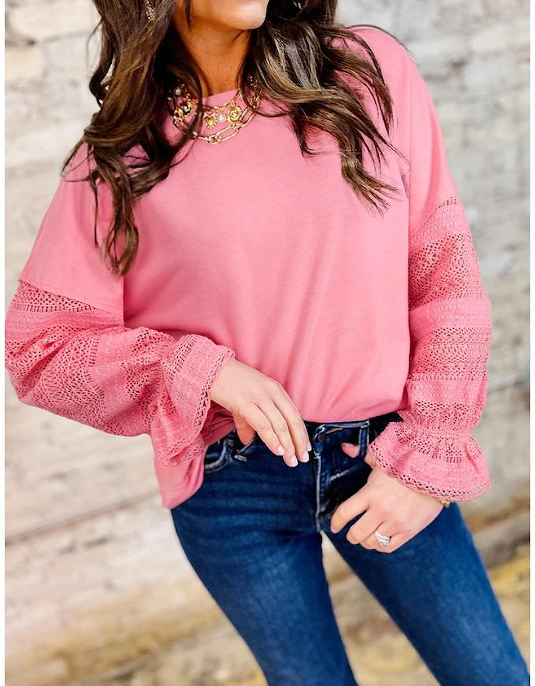 Sachet Pink Drop Shoulder Lace Ruffled Sleeve Patchwork Loose Sweatshirt