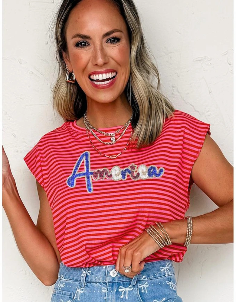 Red Stripe Sequin America Letter Patched Cap Sleeve Top
