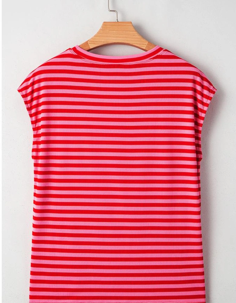 Red Stripe Sequin America Letter Patched Cap Sleeve Top