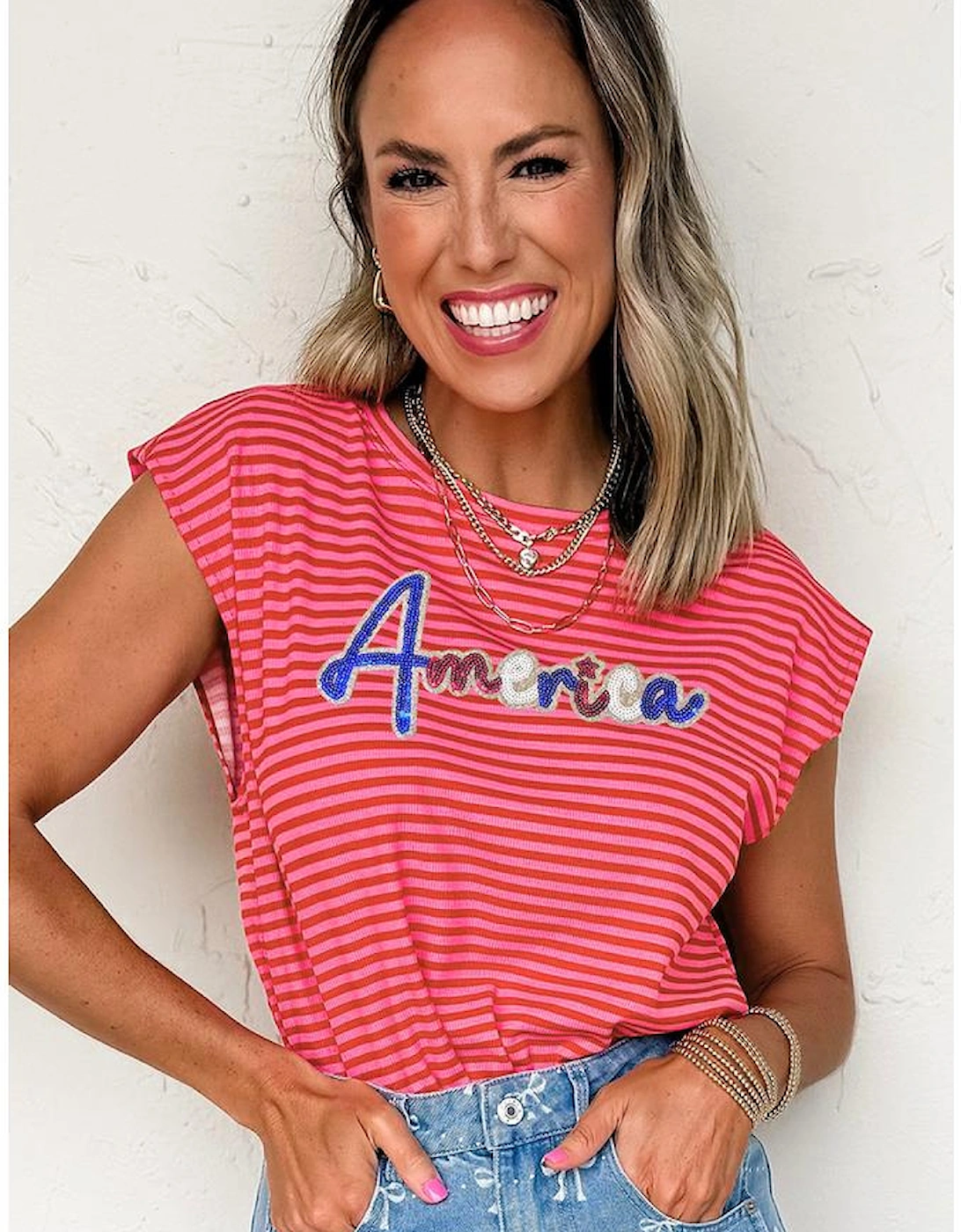 Red Stripe Sequin America Letter Patched Cap Sleeve Top