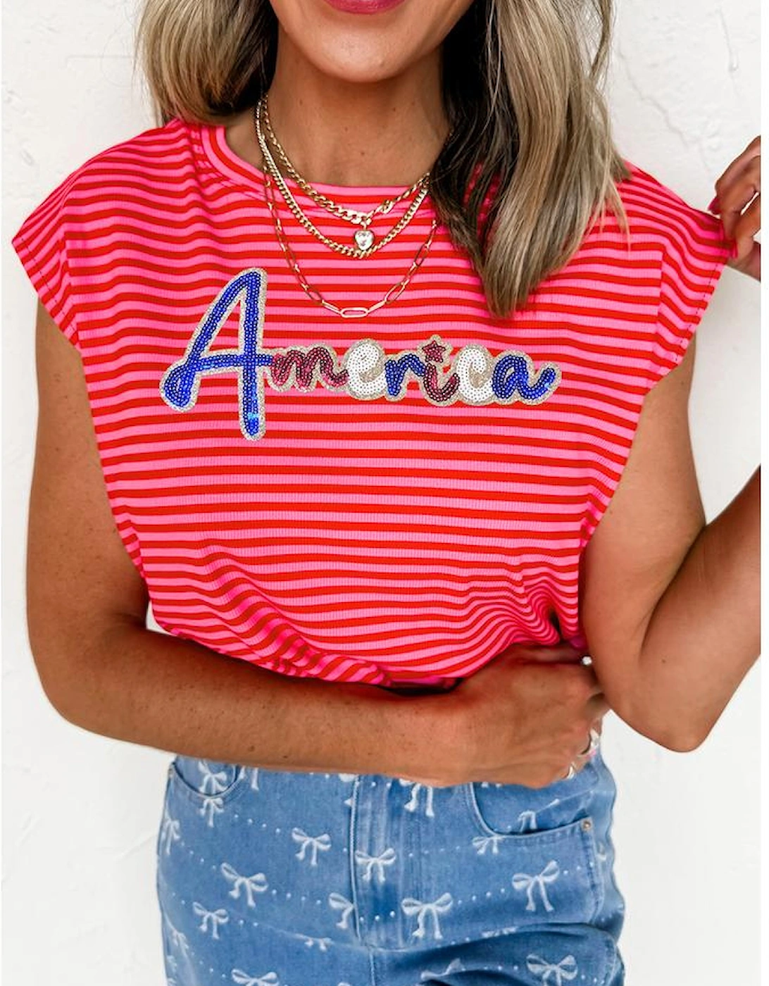 Red Stripe Sequin America Letter Patched Cap Sleeve Top