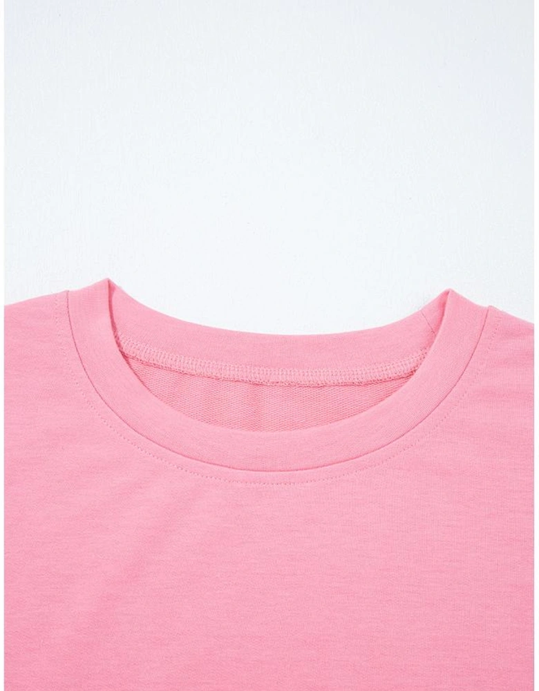 Sachet Pink Drop Shoulder Lace Ruffled Sleeve Patchwork Loose Sweatshirt