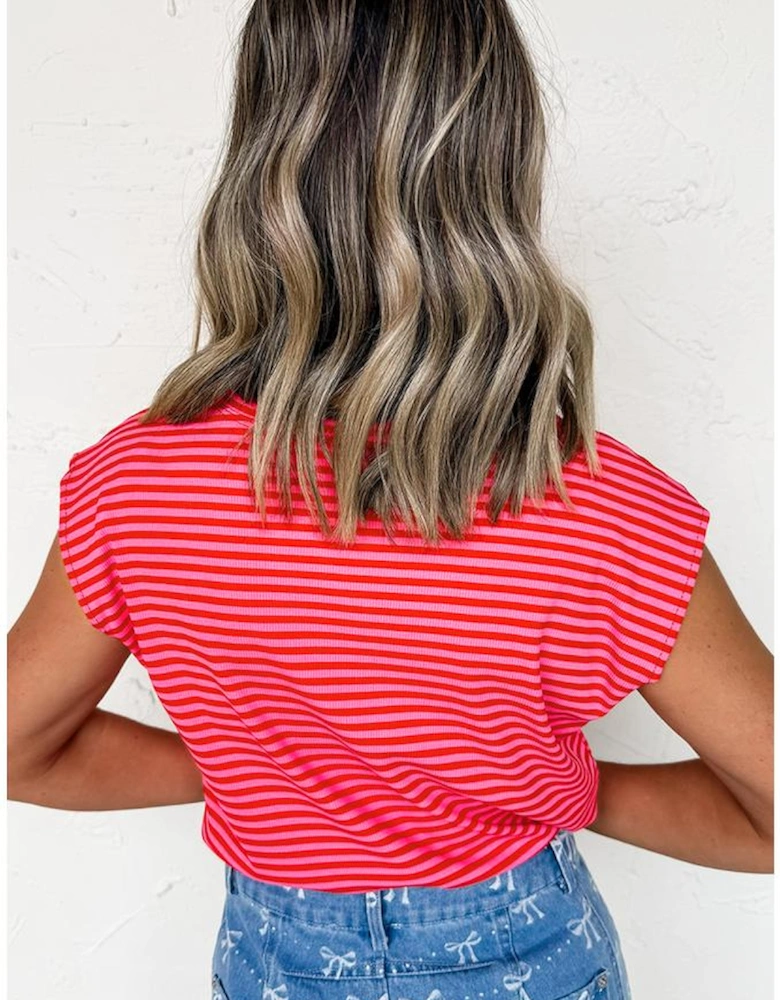 Red Stripe Sequin America Letter Patched Cap Sleeve Top